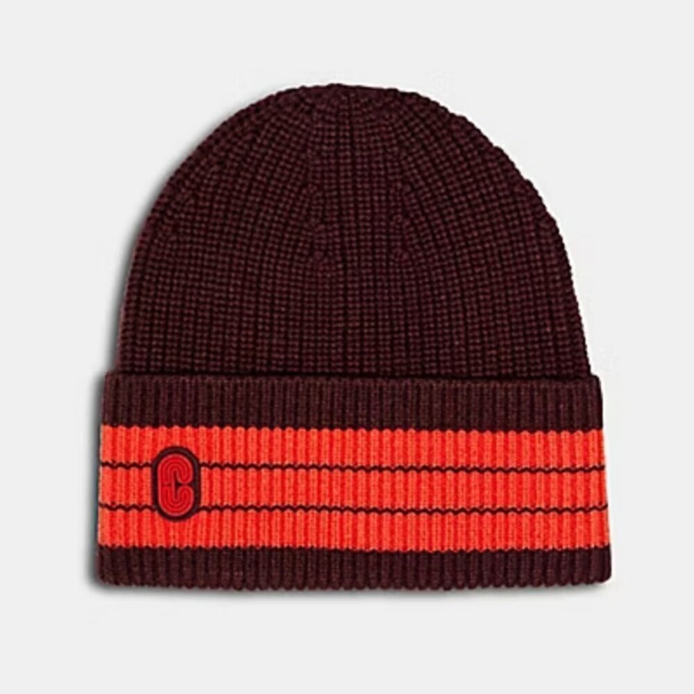 Coach 100% Merino Wool Beanie Toque Winter Fall Hat Ribbed Knit Striped Pattern